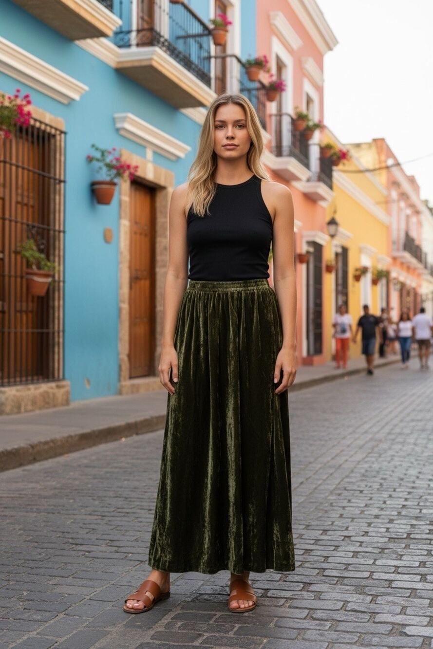 Vintage 111 State Silk Blend Velour Maxi Skirt Olive Green Whimsigoth Size Small